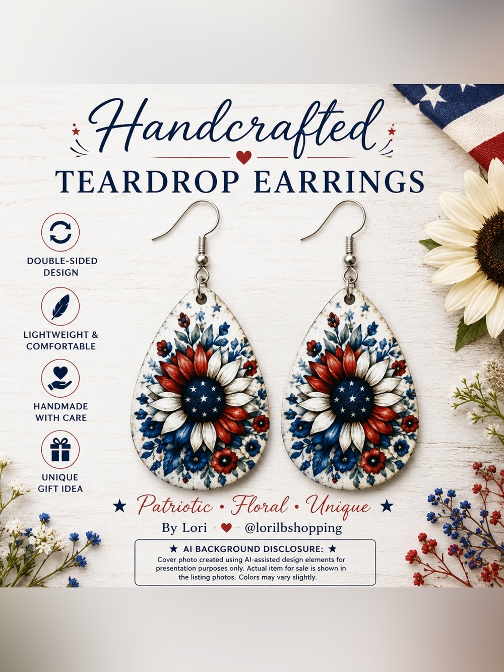 Patriotic Sunflower Teardrop Earrings | Handmade Americana Dangle Earrings